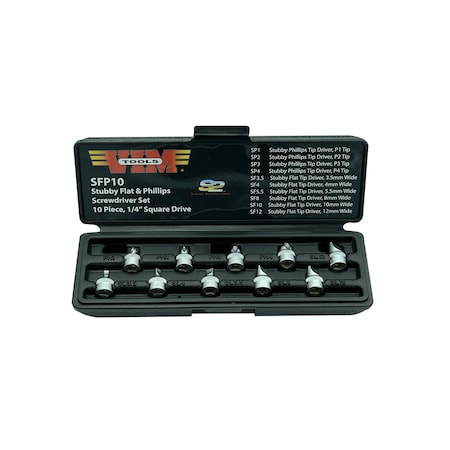 Vim Tools 10 Piece 1/4" Square Drive Stubby Flat and Phillips Drive Set SFP10